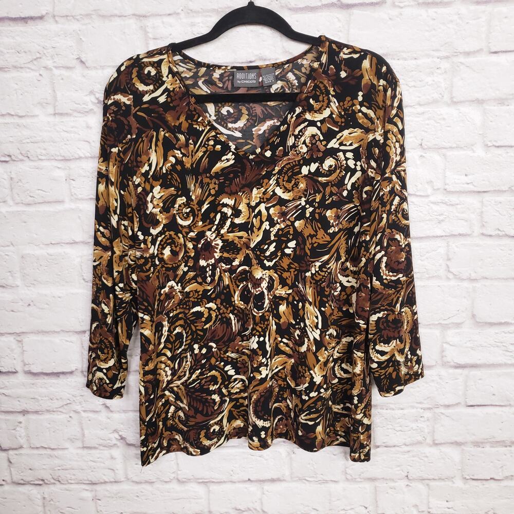 Chico's Additions Sz 3 Black Brown Artsy Printed Top 3/4 Sleeves Chicos XL 16